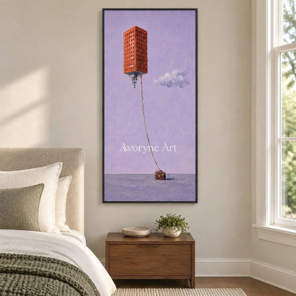 Tender Dialogue surreal scene wall art with a black frame above a bed in a bedroom