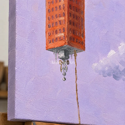 Close-up of the hand-painted texture of Tender Dialogue surreal scene wall art on an easel