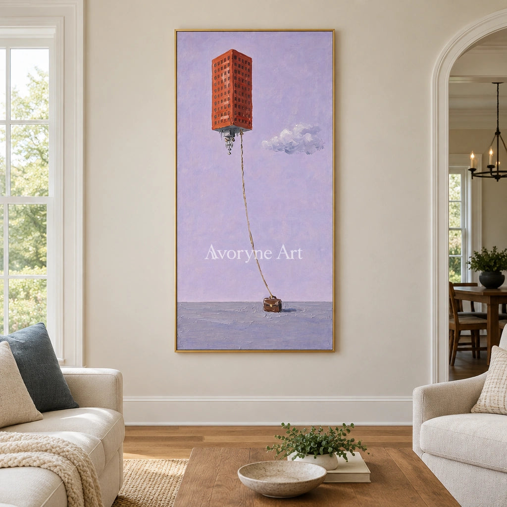 Tender Dialogue surreal scene wall art with a gold frame hanging in a living room