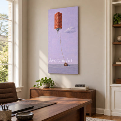 Tender Dialogue surreal scene wall art as a frameless stretched canvas in a home office
