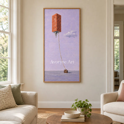 Tender Dialogue surreal scene wall art with a wood frame in a villa living space