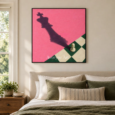 Bright Cadence surreal scene wall art with a black frame above a bed in a bedroom