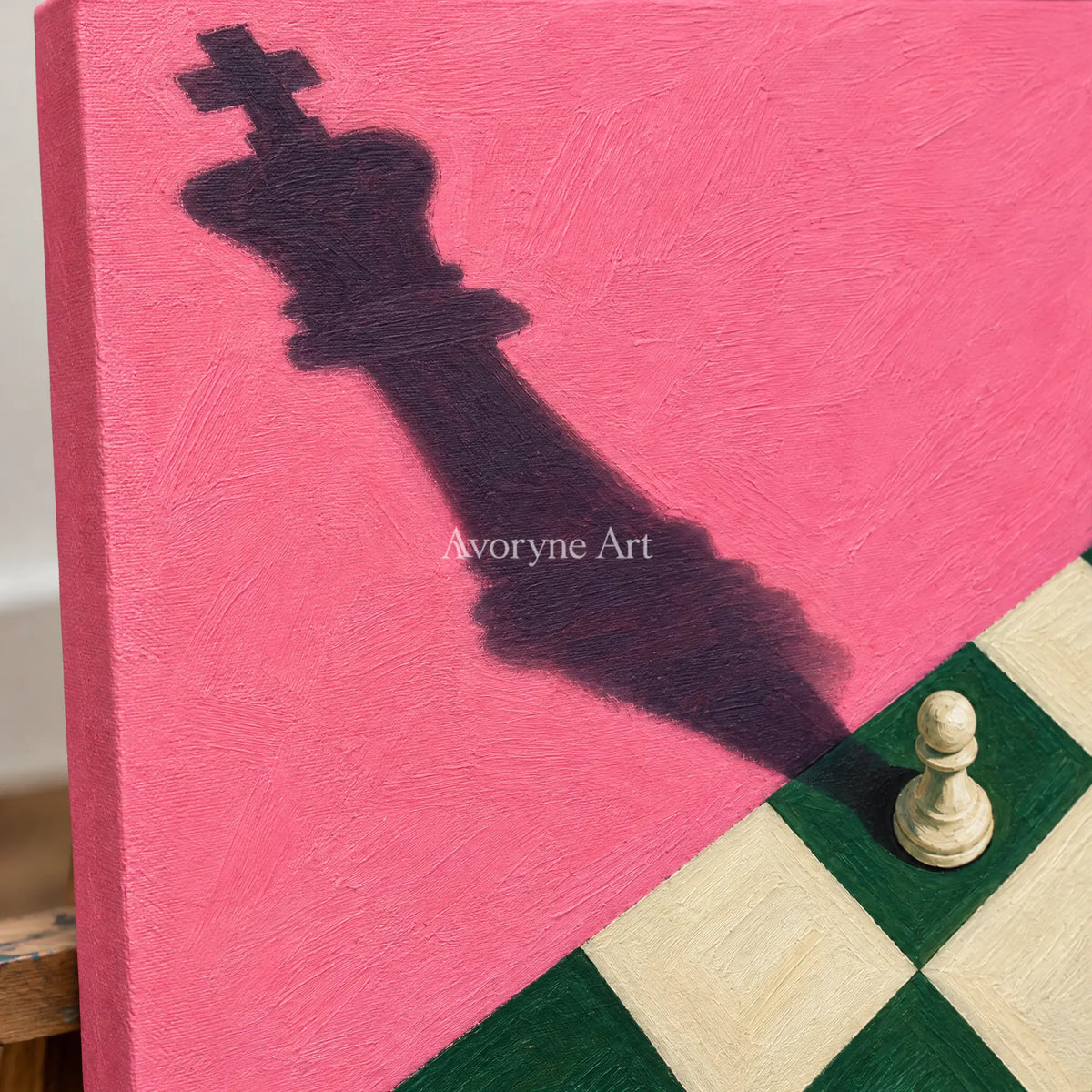 Close-up of the hand-painted texture of Bright Cadence surreal scene wall art on an easel