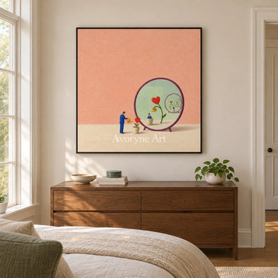 Bright Passage surreal scene wall art with a black frame above a bed in a bedroom