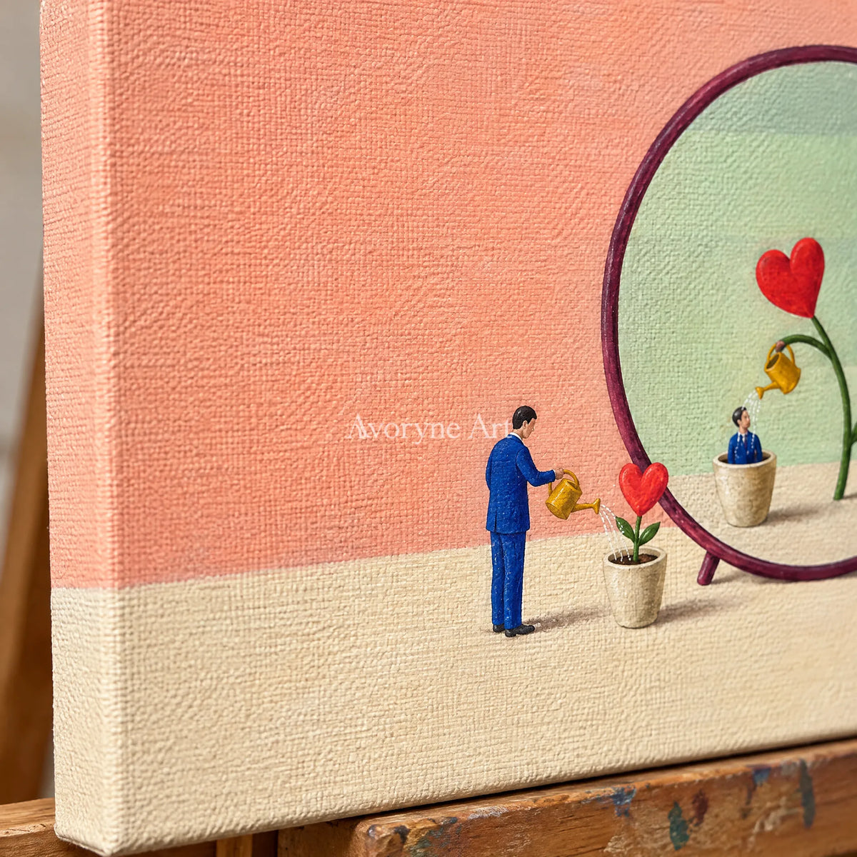 Close-up of the hand-painted texture of Bright Passage surreal scene wall art on an easel