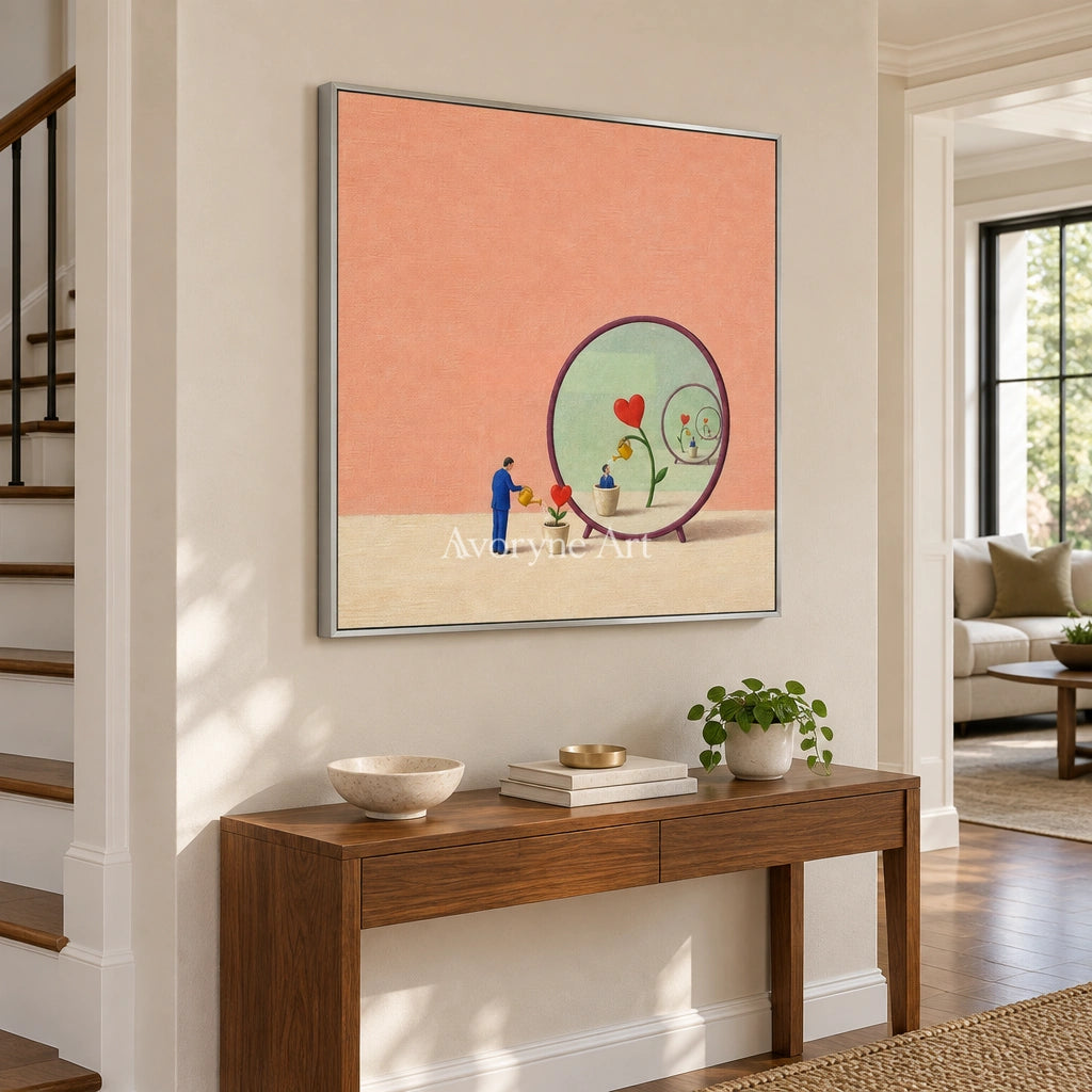 Bright Passage surreal scene wall art with a silver frame in an entryway