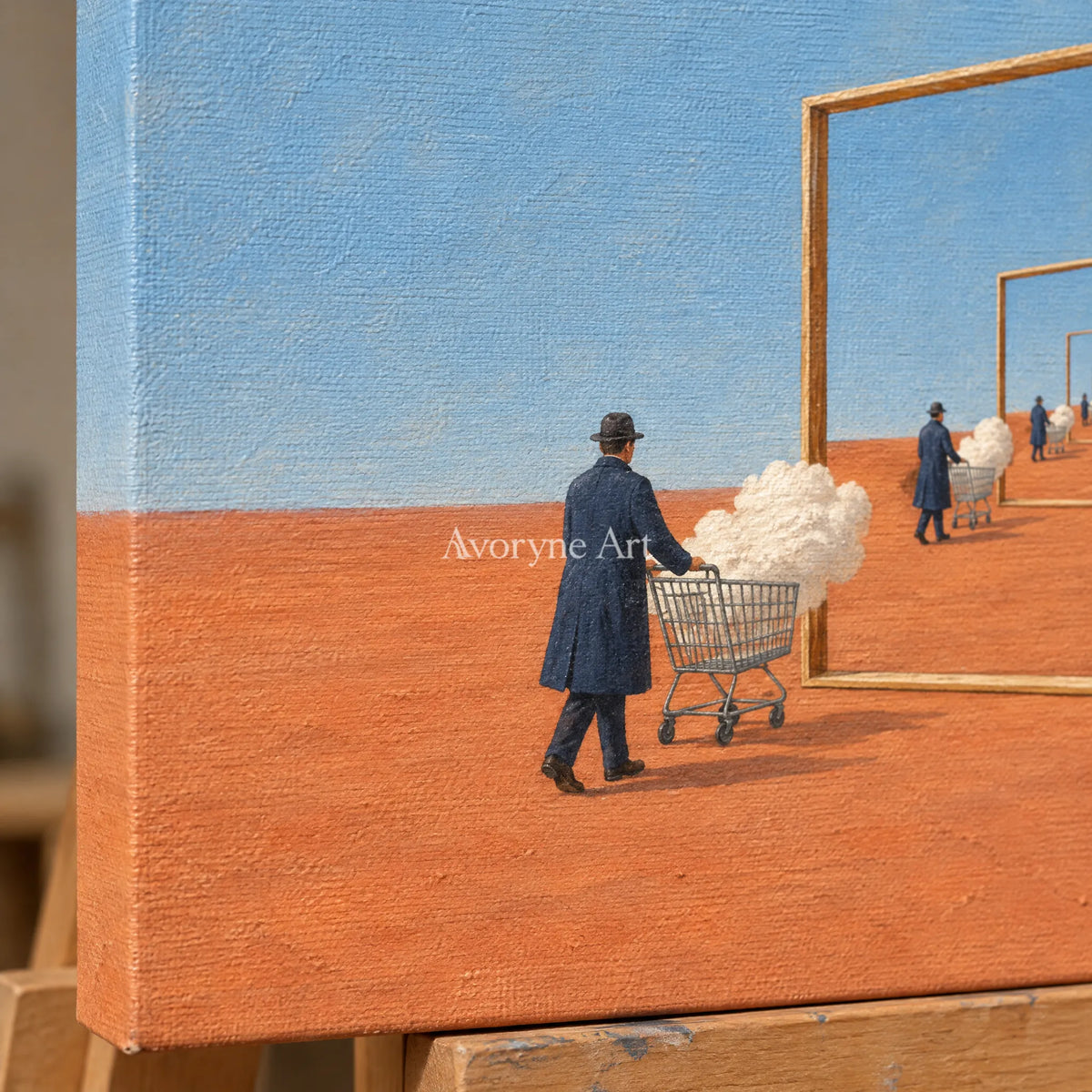 Close-up of the hand-painted texture of Bright Reverie surreal scene wall art on an easel