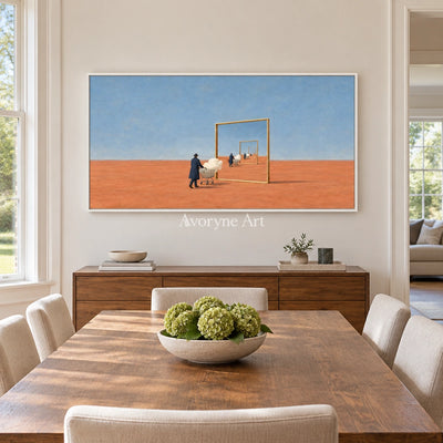 Bright Reverie surreal scene wall art with a white frame in a dining room