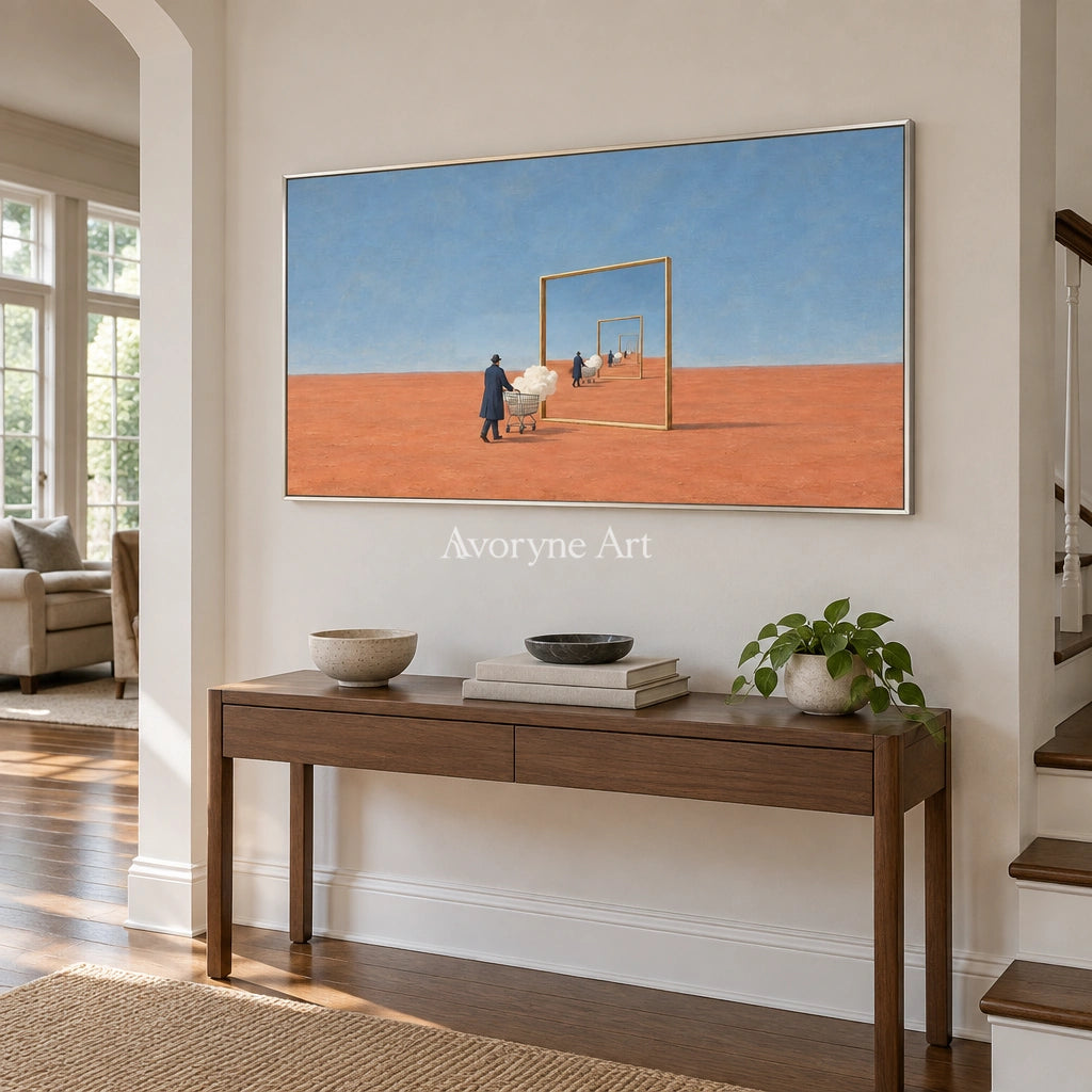 Bright Reverie surreal scene wall art with a silver frame in an entryway