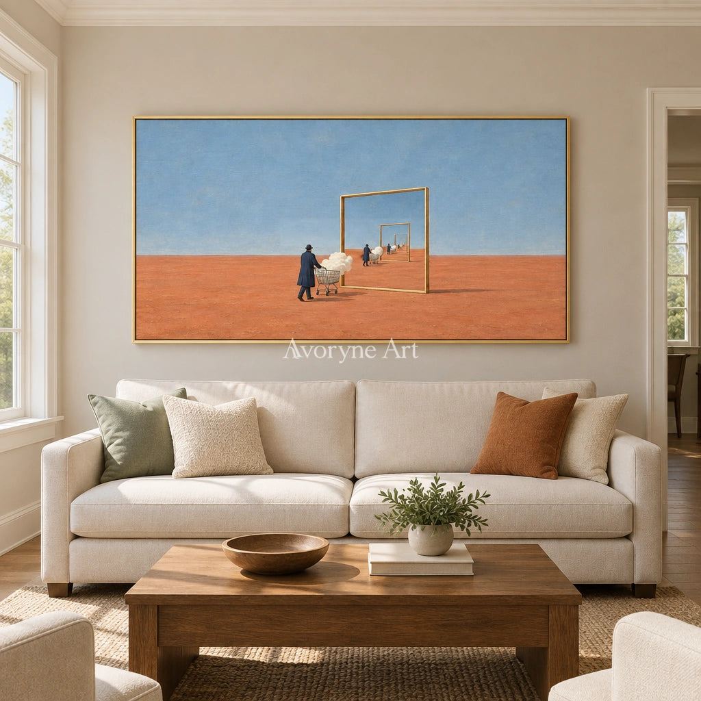 Bright Reverie surreal scene wall art with a gold frame hanging in a living room