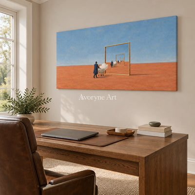 Bright Reverie surreal scene wall art as a frameless stretched canvas in a home office