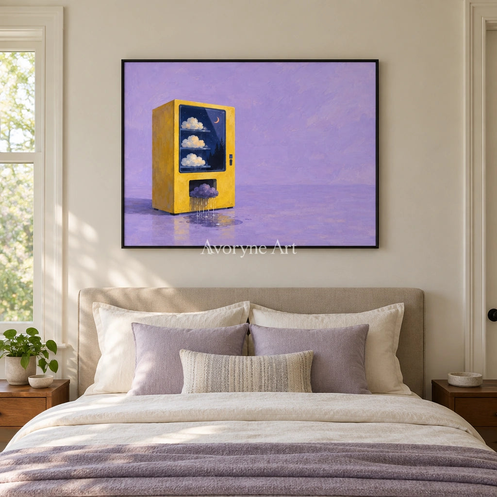Bright Interval surreal scene wall art with a black frame above a bed in a bedroom