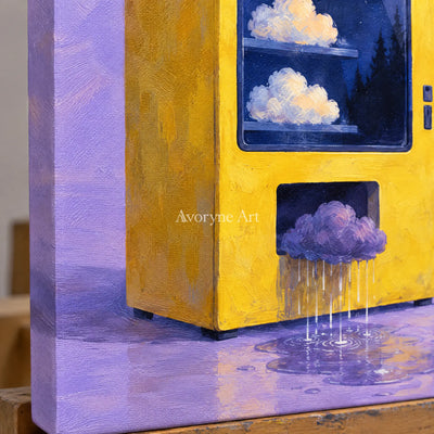 Close-up of the hand-painted texture of Bright Interval surreal scene wall art on an easel
