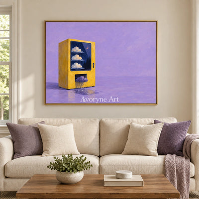 Bright Interval surreal scene wall art with a gold frame hanging in a living room