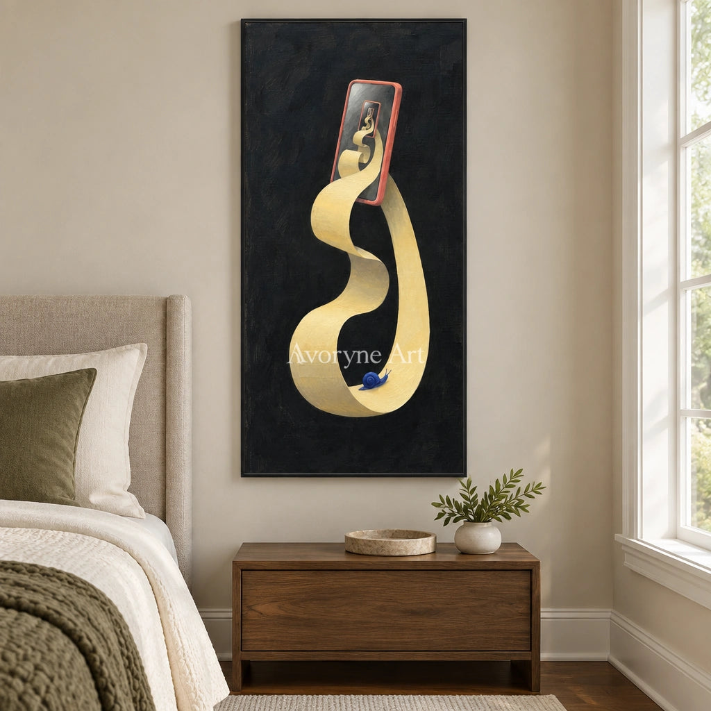 Bright Echo surreal scene wall art with a black frame above a bed in a bedroom