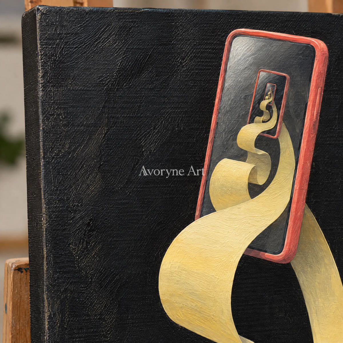 Close-up of the hand-painted texture of Bright Echo surreal scene wall art on an easel
