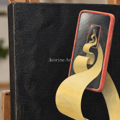 Close-up of the hand-painted texture of Bright Echo surreal scene wall art on an easel