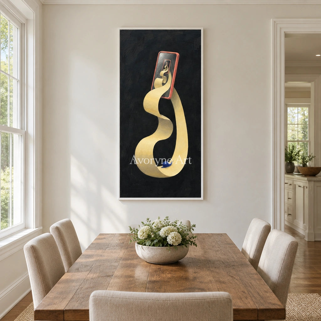 Bright Echo surreal scene wall art with a white frame in a dining room