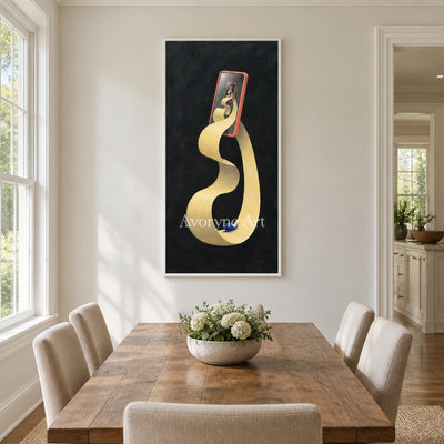 Bright Echo surreal scene wall art with a white frame in a dining room