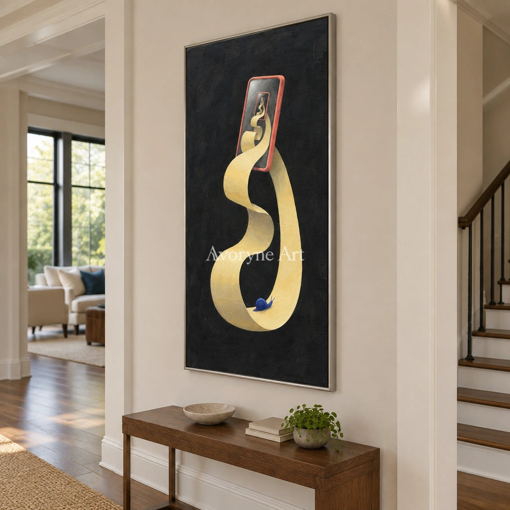 Bright Echo surreal scene wall art with a silver frame in an entryway