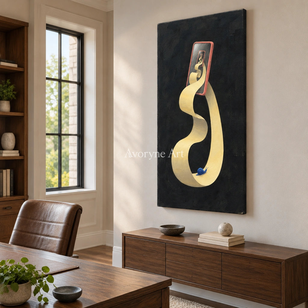 Bright Echo surreal scene wall art as a frameless stretched canvas in a home office