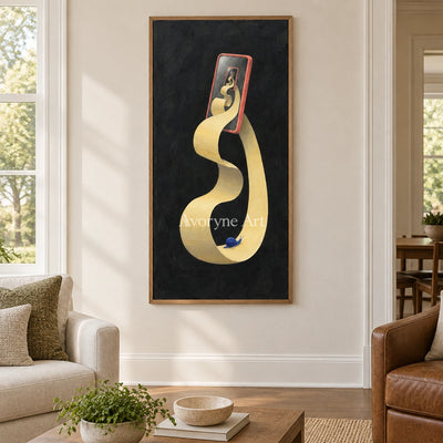 Bright Echo surreal scene wall art with a wood frame in a villa living space