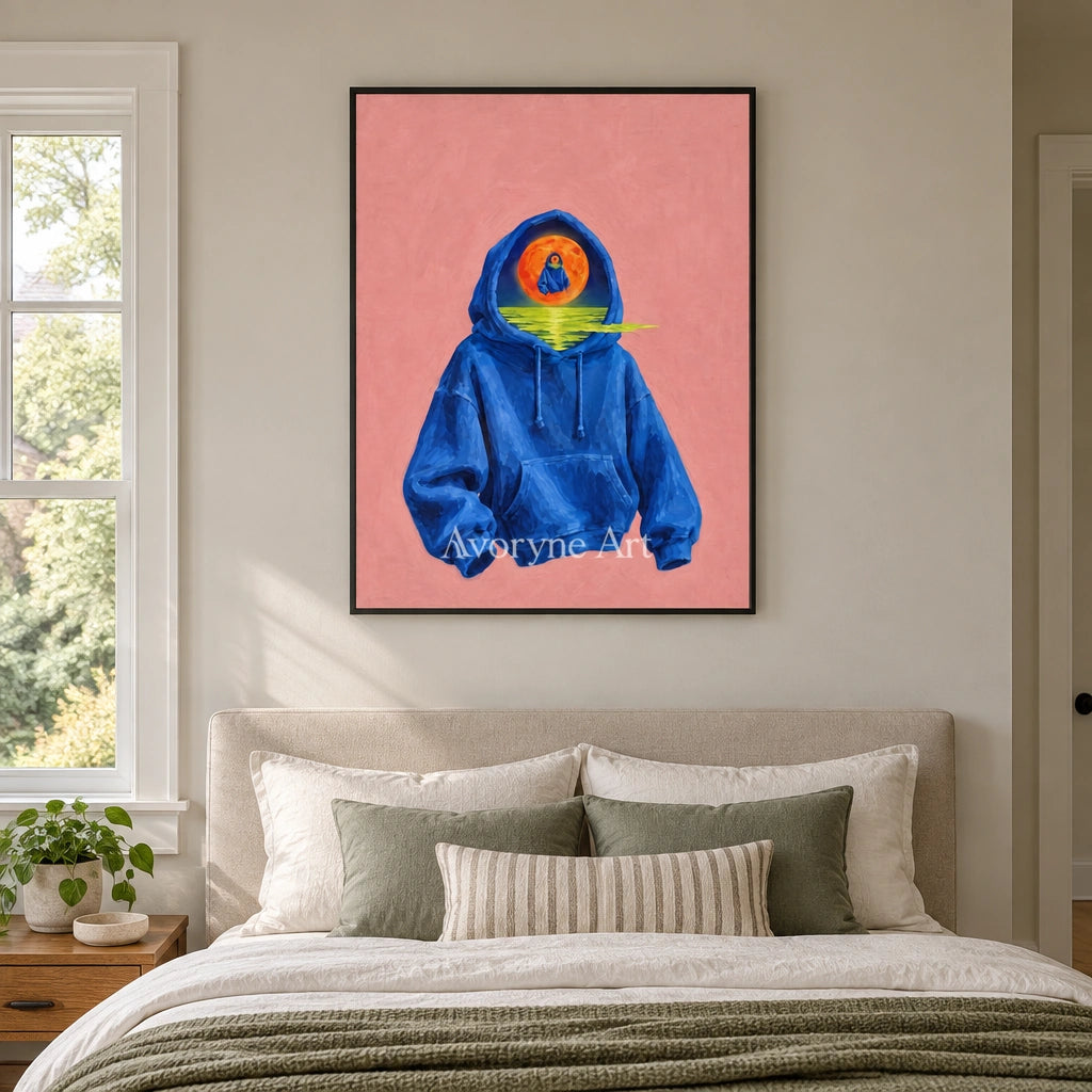 Bright Rhythm surreal scene wall art with a black frame above a bed in a bedroom