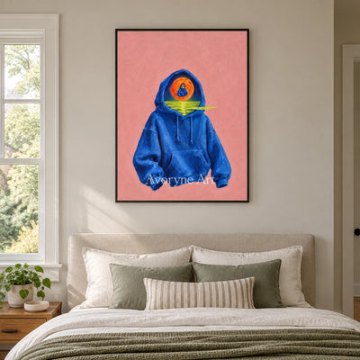 Bright Rhythm surreal scene wall art with a black frame above a bed in a bedroom