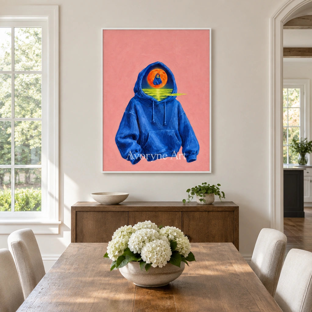 Bright Rhythm surreal scene wall art with a white frame in a dining room