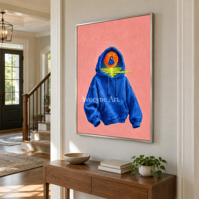 Bright Rhythm surreal scene wall art with a silver frame in an entryway