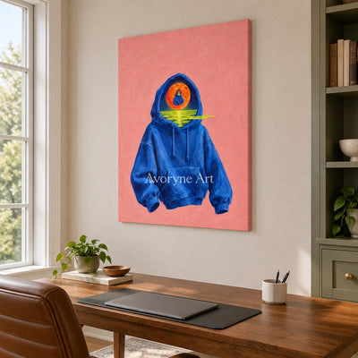 Bright Rhythm surreal scene wall art as a frameless stretched canvas in a home office