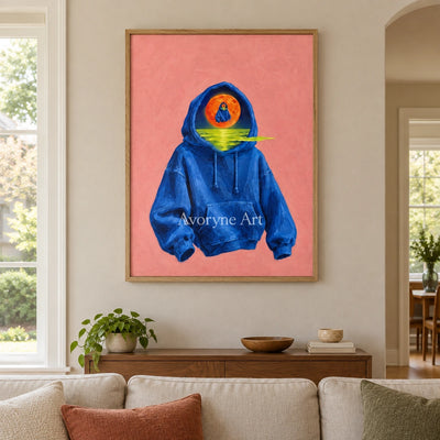 Bright Rhythm surreal scene wall art with a wood frame in a villa living space