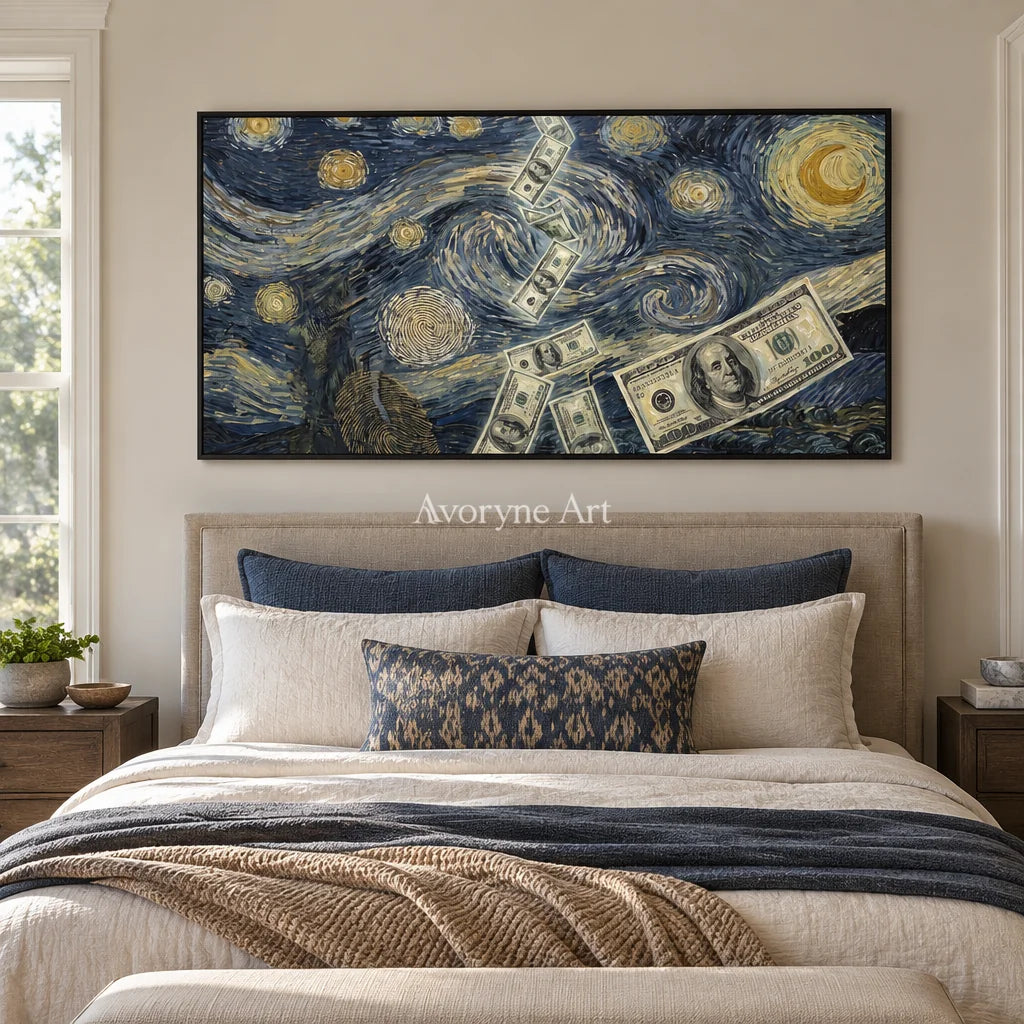 Restful Memory surreal scene wall art with a black frame above a bed in a bedroom