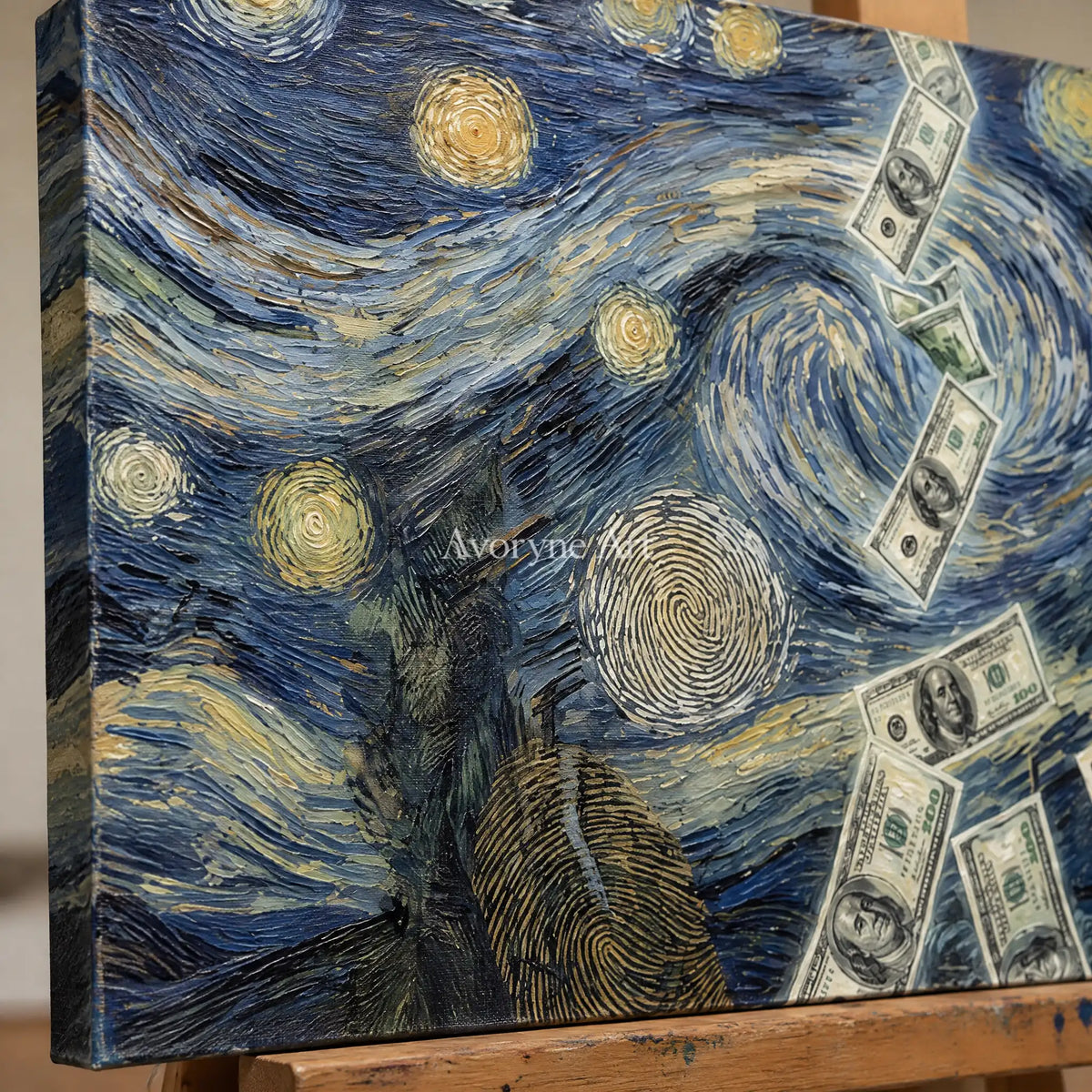 Close-up of the hand-painted texture of Restful Memory surreal scene wall art on an easel