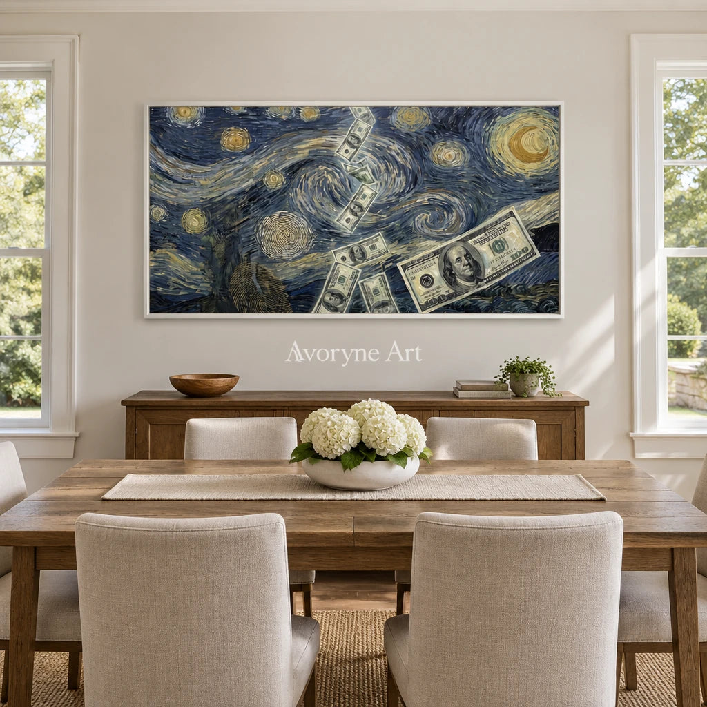 Restful Memory surreal scene wall art with a white frame in a dining room