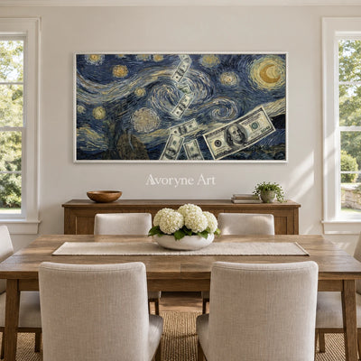 Restful Memory surreal scene wall art with a white frame in a dining room