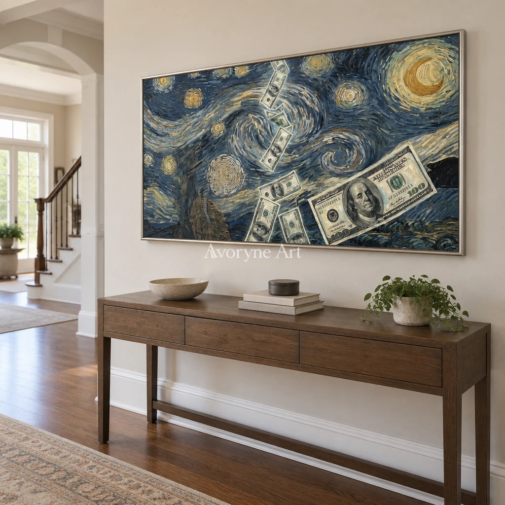 Restful Memory surreal scene wall art with a silver frame in an entryway