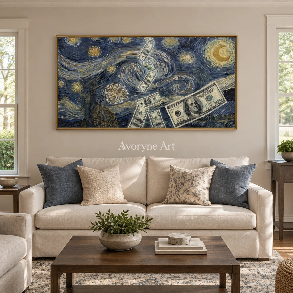 Restful Memory surreal scene wall art with a gold frame hanging in a living room