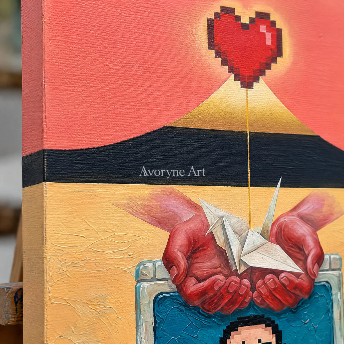 Close-up of the hand-painted texture of Warm Reverie surreal scene wall art on an easel