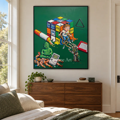 Warm Interval surreal scene wall art with a black frame above a bed in a bedroom