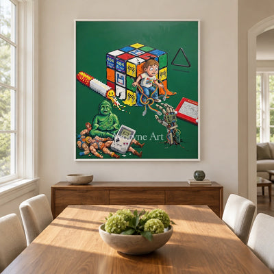 Warm Interval surreal scene wall art with a white frame in a dining room