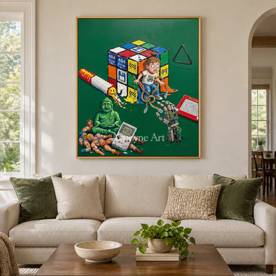 Warm Interval surreal scene wall art with a gold frame hanging in a living room