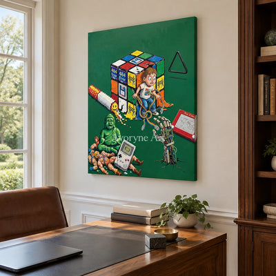 Warm Interval surreal scene wall art as a frameless stretched canvas in a home office
