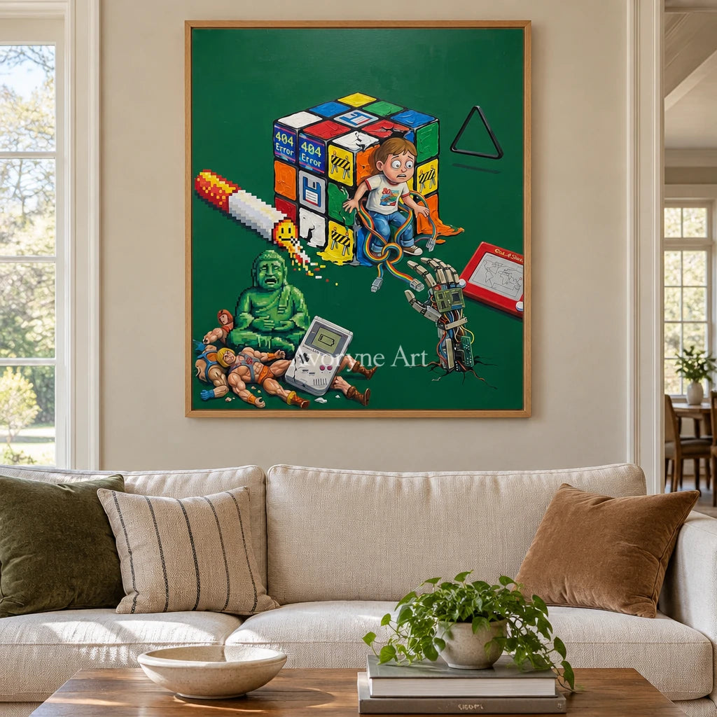 Warm Interval surreal scene wall art with a wood frame in a villa living space