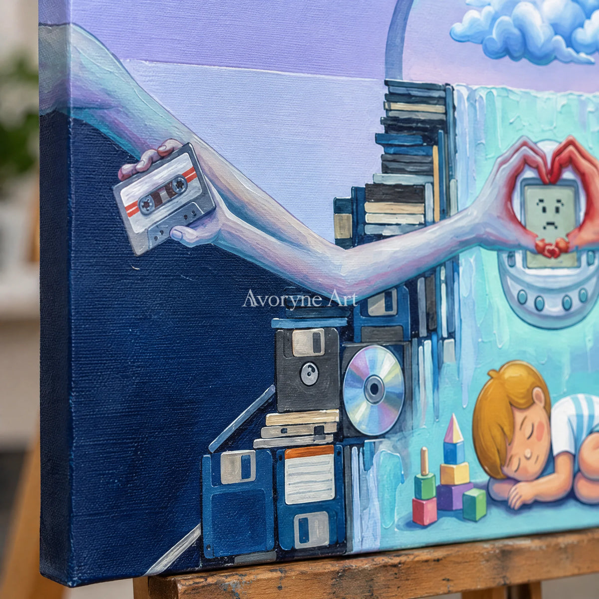 Close-up of the hand-painted texture of Warm Echo surreal scene wall art on an easel