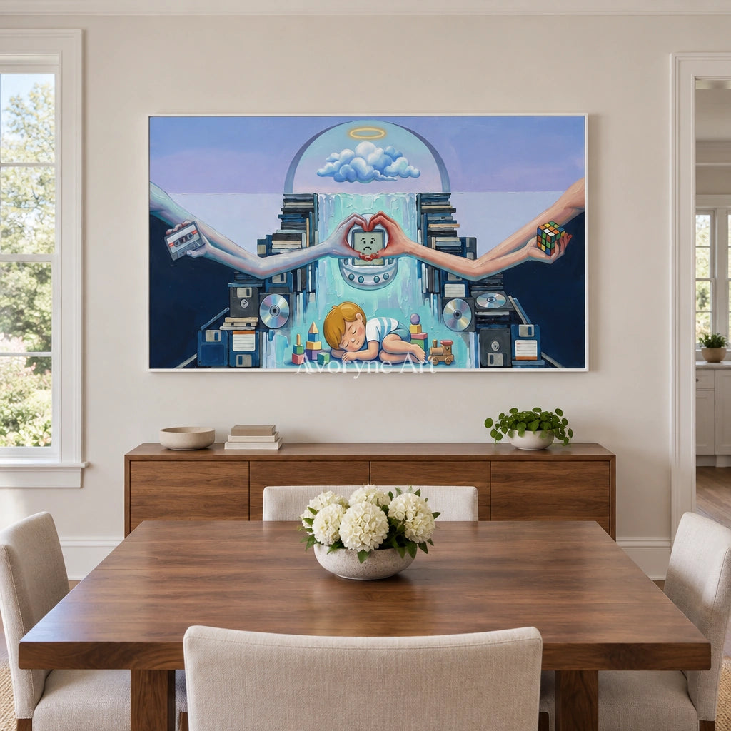 Warm Echo surreal scene wall art with a white frame in a dining room