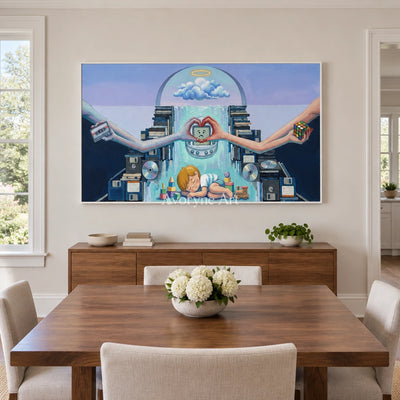 Warm Echo surreal scene wall art with a white frame in a dining room