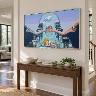 Warm Echo surreal scene wall art with a silver frame in an entryway