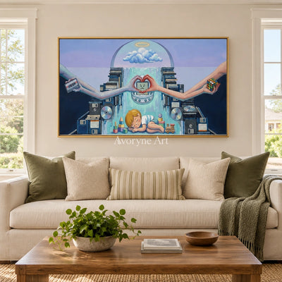 Warm Echo surreal scene wall art with a gold frame hanging in a living room