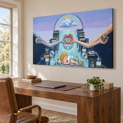 Warm Echo surreal scene wall art as a frameless stretched canvas in a home office